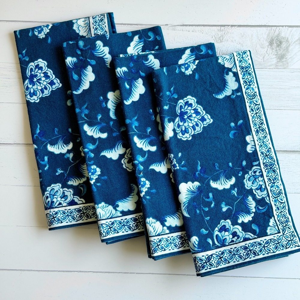 Williams-Sonoma Dark Navy Blue Botanical Floral Scroll Cotton Napkins Set of 4